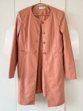 Calvin Klein Blush Faux Leather Collarless Long Jacket Coat Sz — As-Is Wear